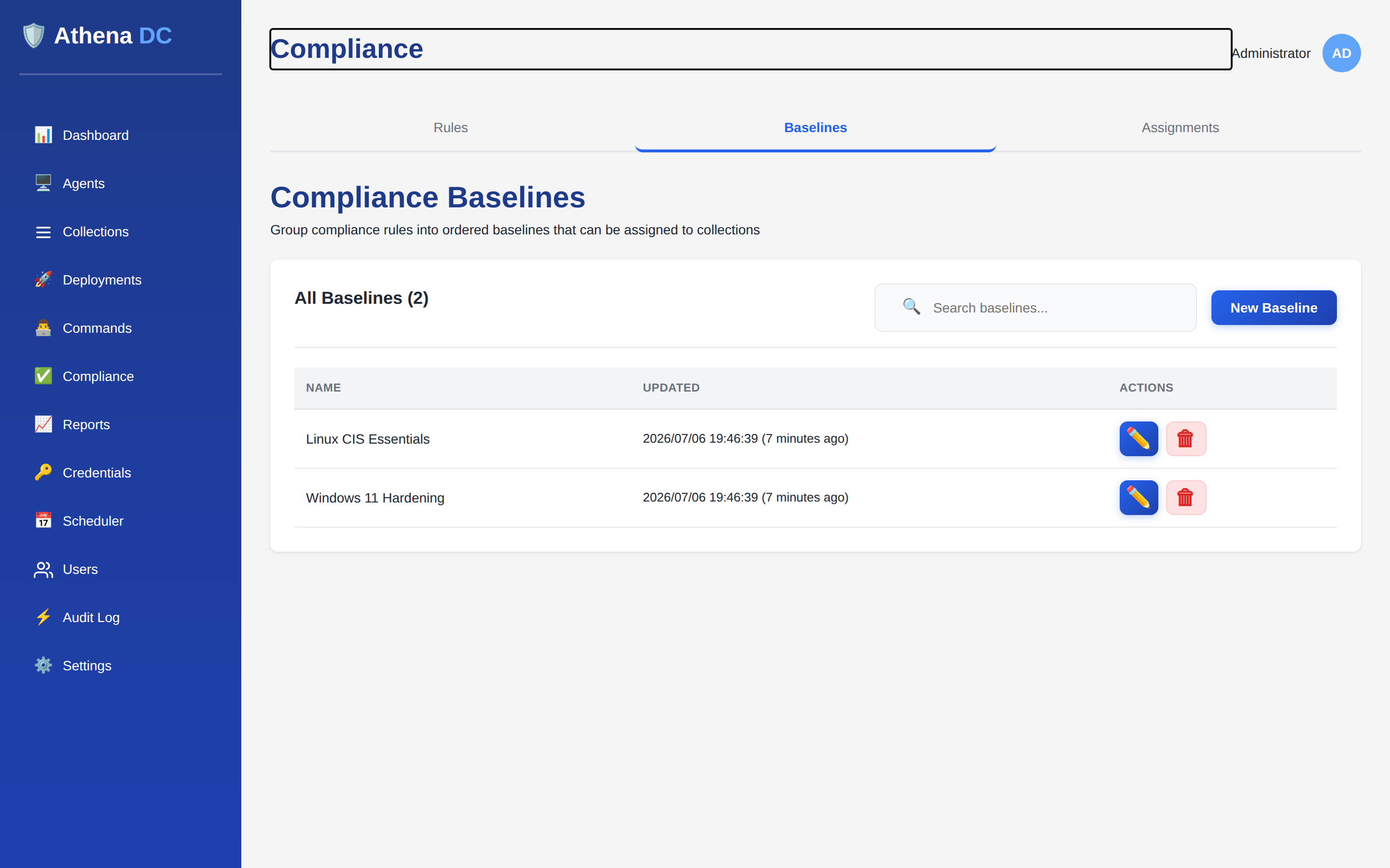 The Compliance Baselines tab in Athena