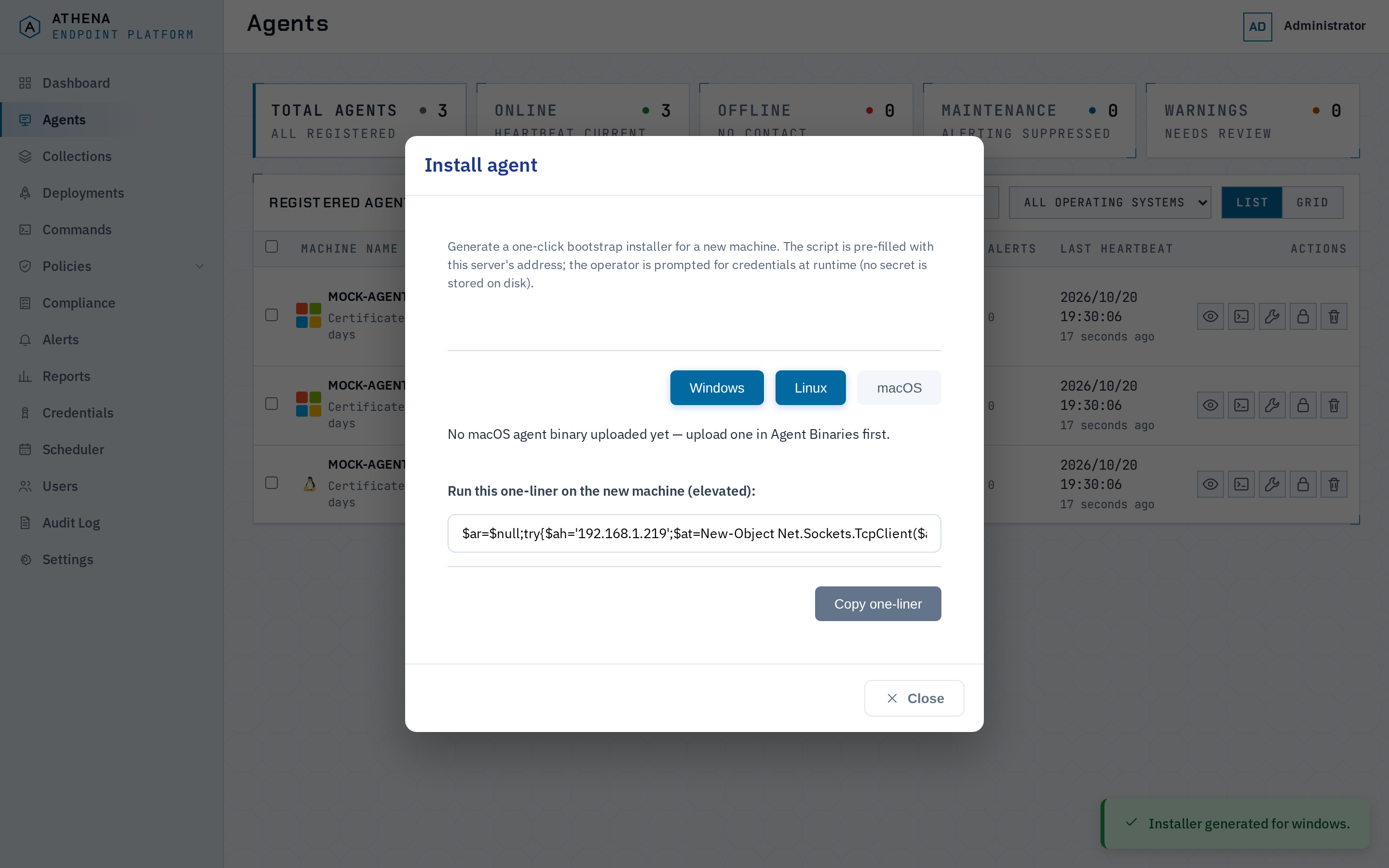 The Install agent dialog on the Agents page, showing the Windows one-liner and the Copy one-liner button
