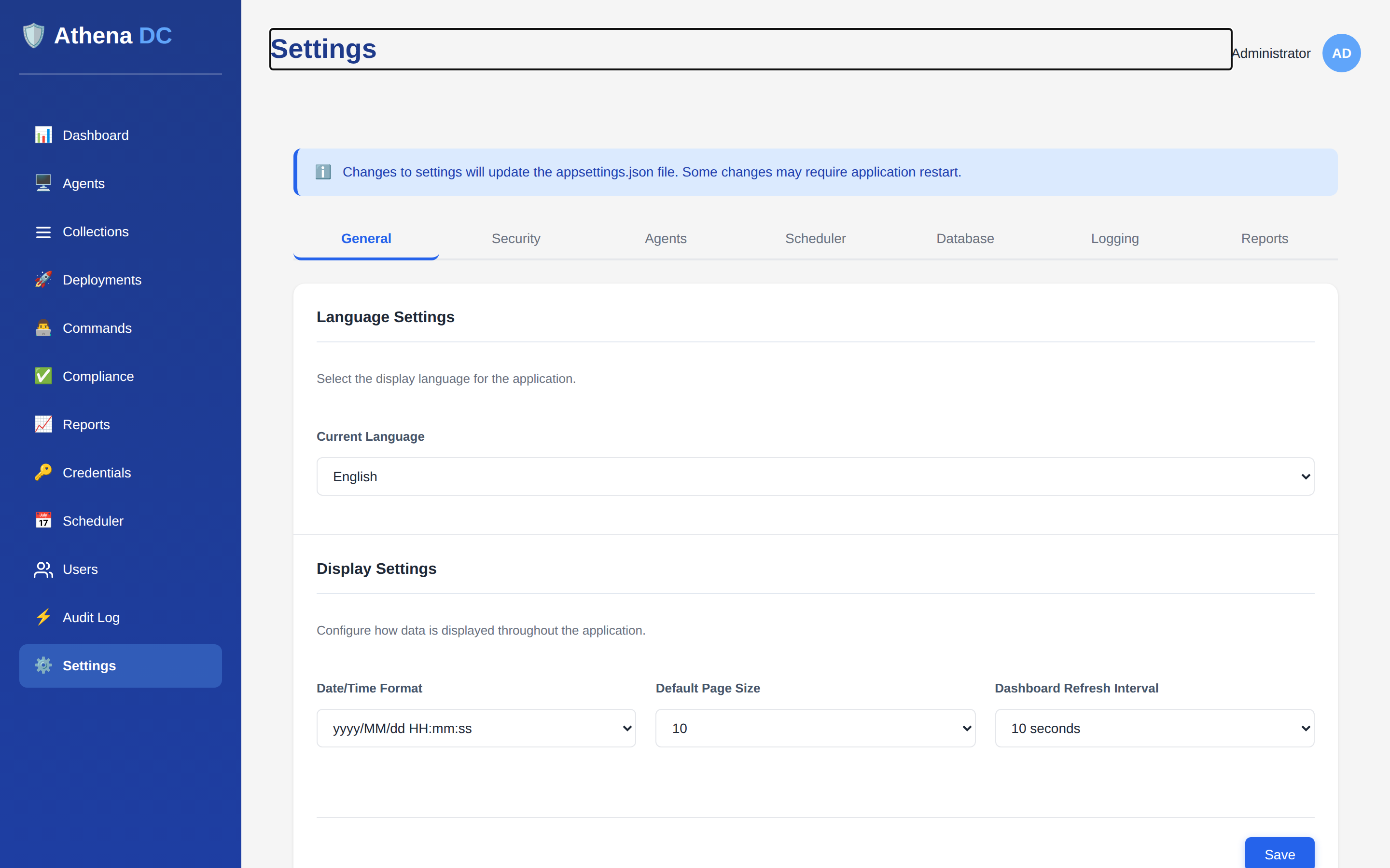 The Settings screen in Athena